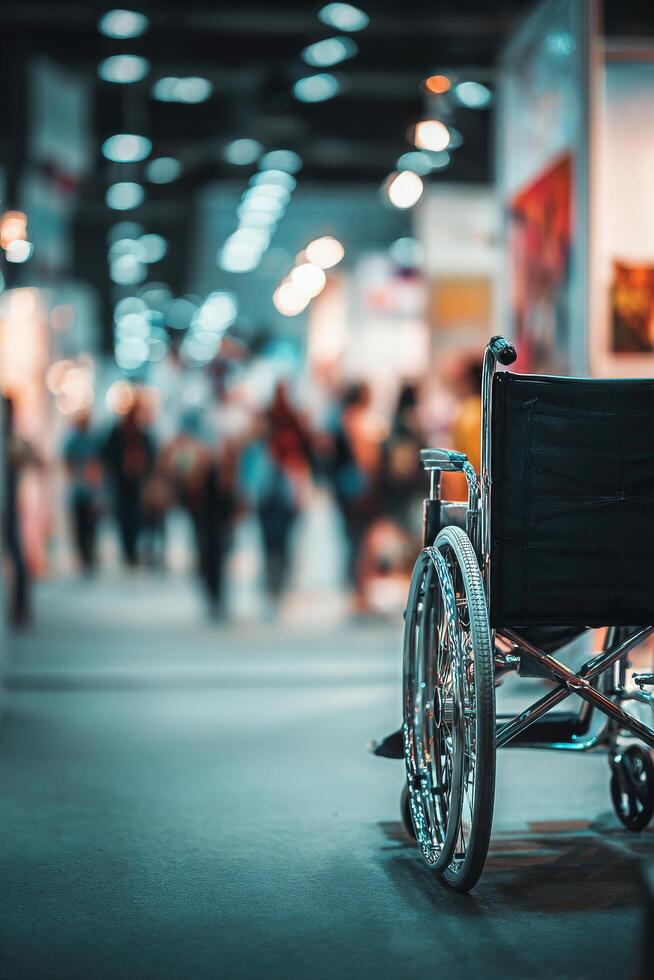 Wheelchair Positioned in Busy Convention Hall During Event With Many Attendees Present photo