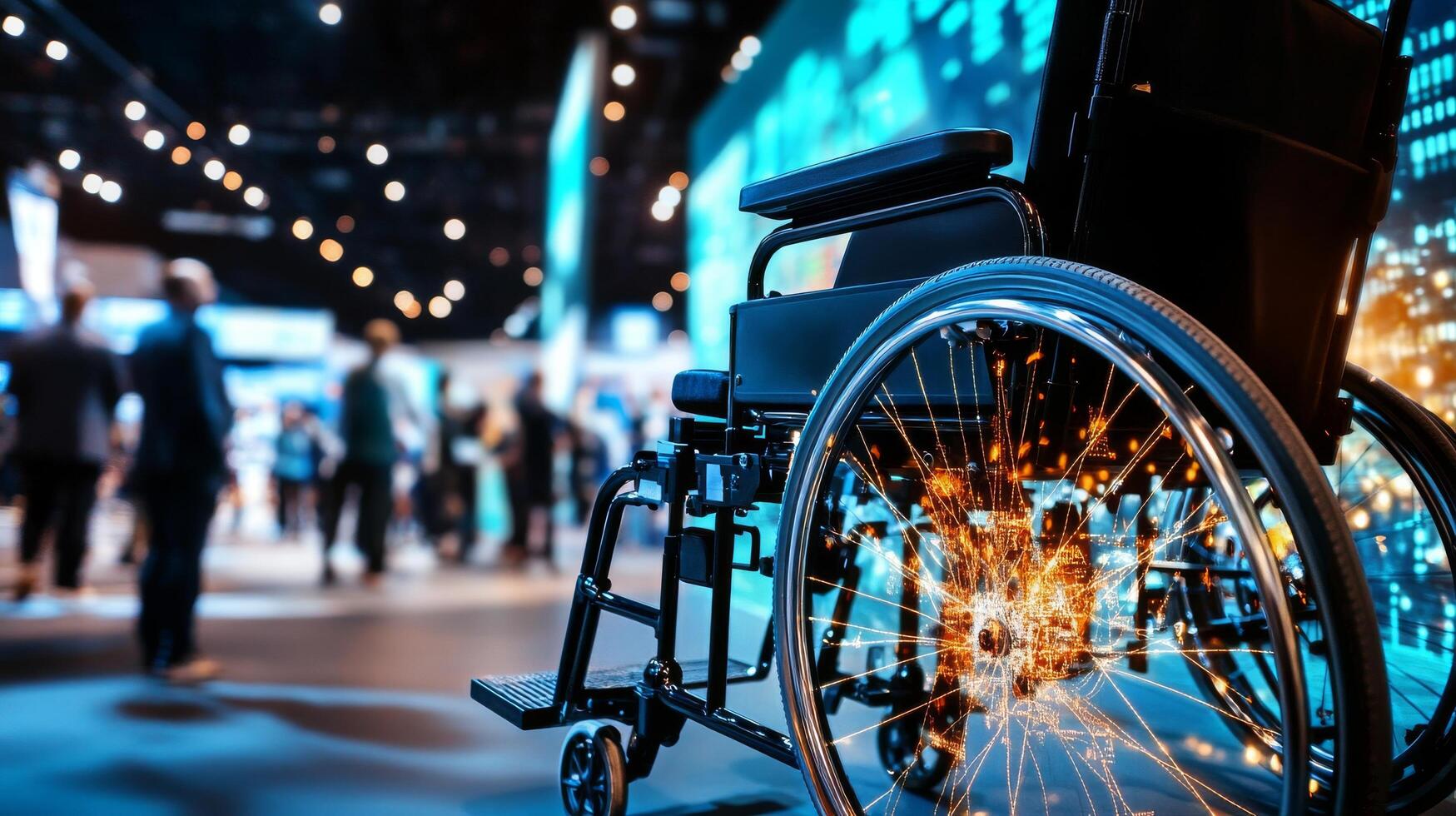Wheelchair Positioned in a Modern Venue Filled With People Socializing and Interacting During an Event. photo
