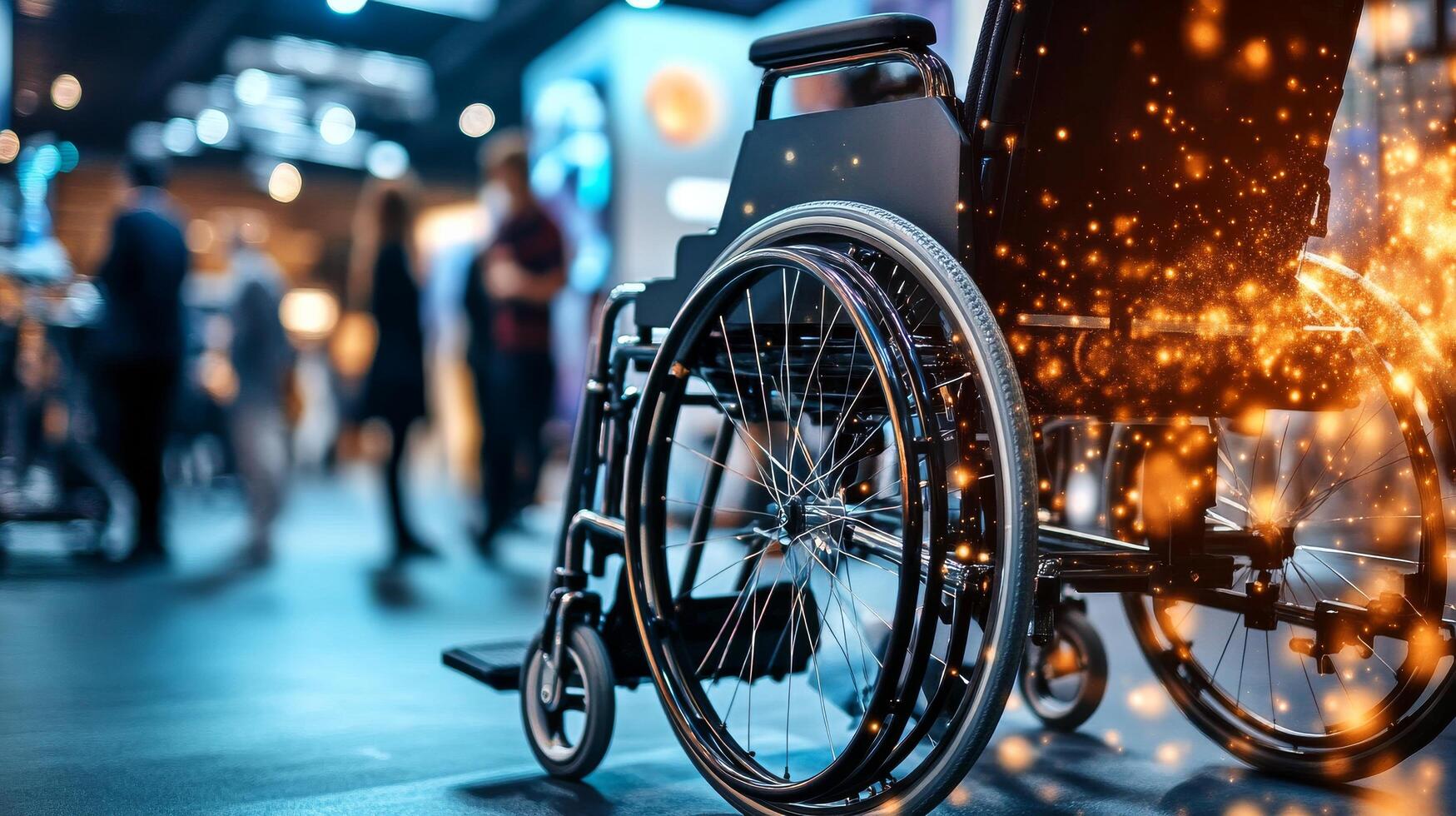Wheelchair Positioned in a Modern Venue Filled With People Socializing and Interacting During an Event photo