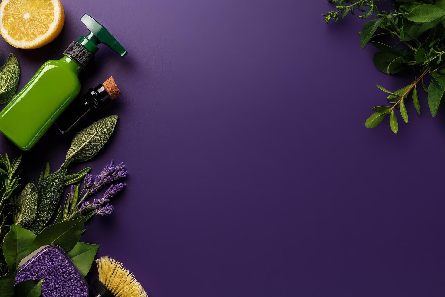 Green and Purple Cleaning Supplies Arranged Elegantly With Plants on a Purple Table. photo