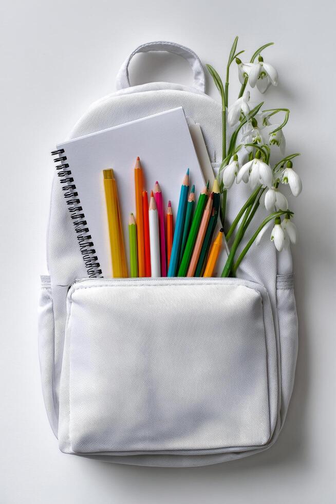Colorful School Supplies and Flowers in a White Backpack on a Clean Background. photo