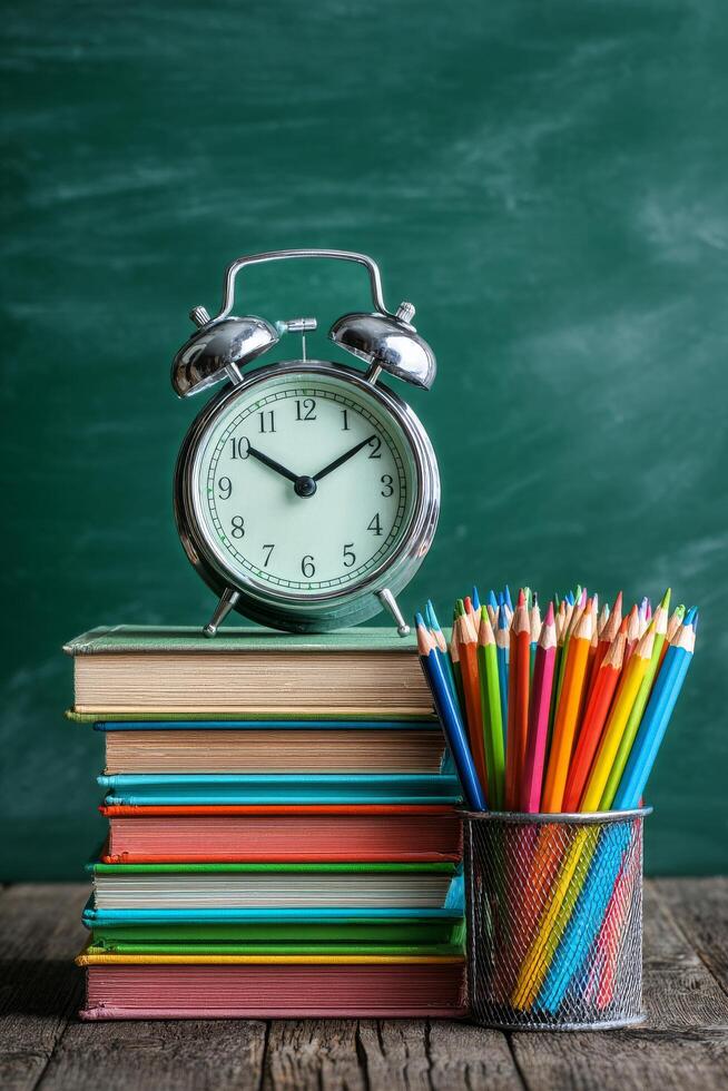Study Tools Including Alarm Clock and Colored Pencils Enhance Learning Environment photo