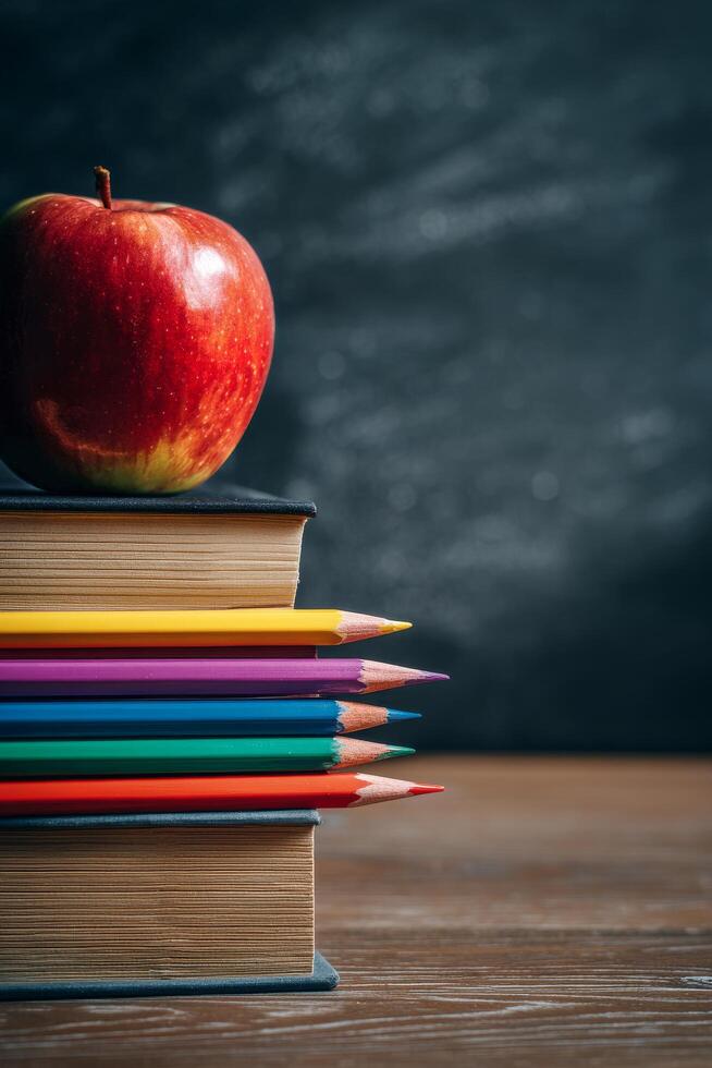 Books and Colored Pencils Arranged Neatly Beside a Red Apple on a Wooden Desk Setting photo