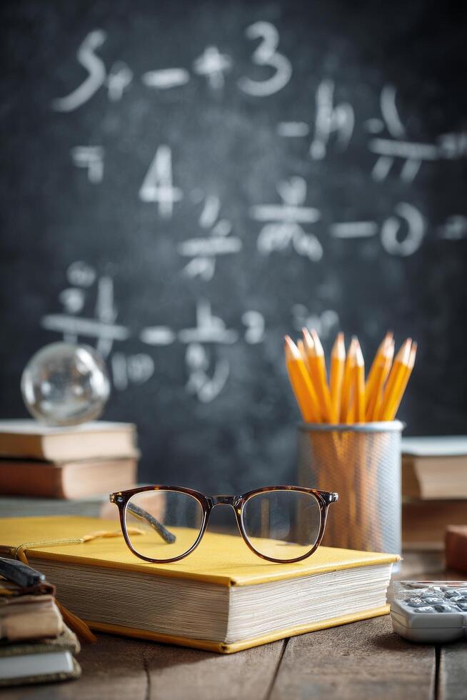 Colorful Pencils and Glasses on a Desk in a Classroom Filled With Books and Chalkboard Equations. photo