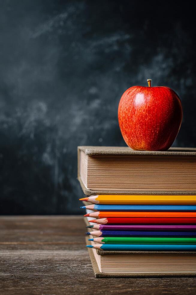Colorful Pencils and Books With a Red Apple on Top for a School Setting. photo