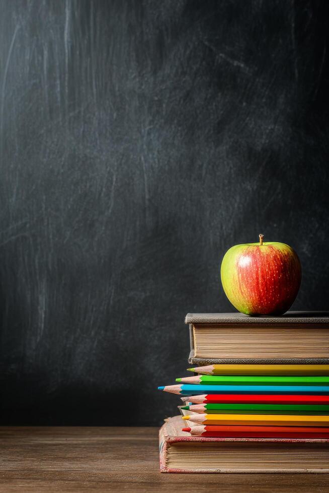 Books and Colored Pencils Arranged Neatly Beside a Red Apple on a Wooden Desk Setting. photo