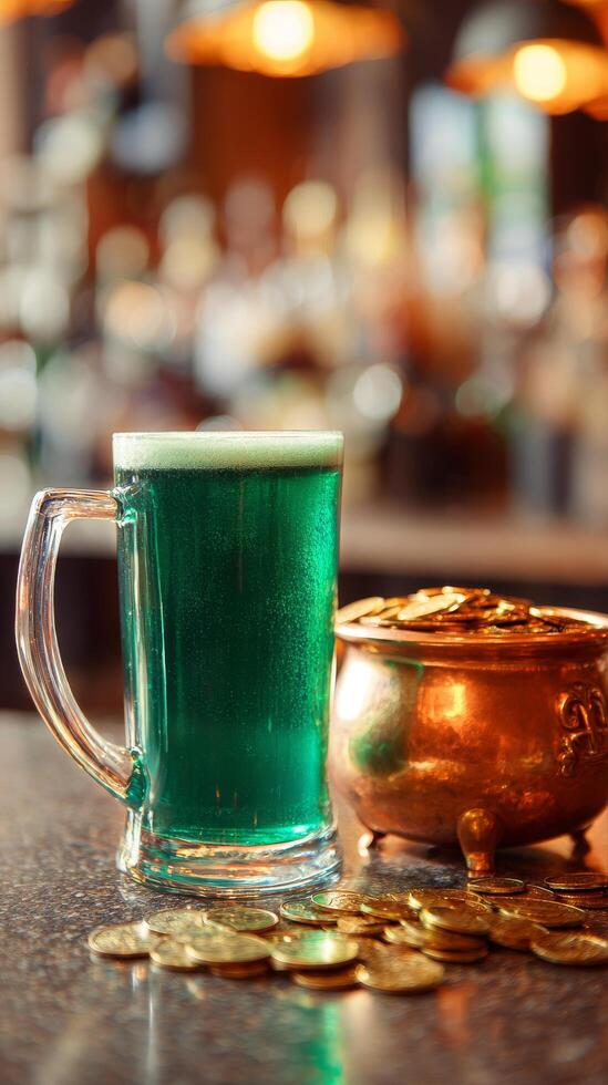 Festive Green Drink Served in Glass With Gold Coins in Background During Celebration at Pub. photo