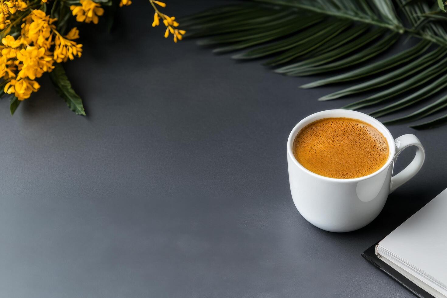Relaxing Coffee Moment With Beautiful Flowers on a Gray Table photo