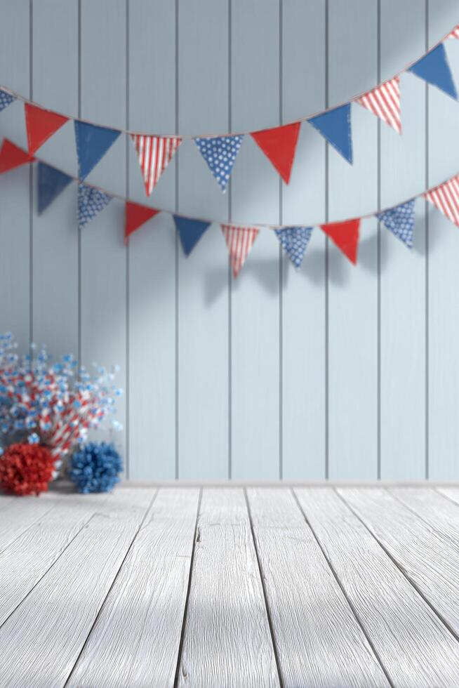 Colorful Decorations for a Festive Occasion With Banners and Balloons in Red, Blue, and White. photo