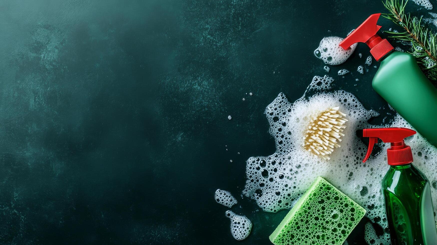 Cleaning Supplies Arranged on Dark Surface With Soap Bubbles and Scrubbing Tools photo