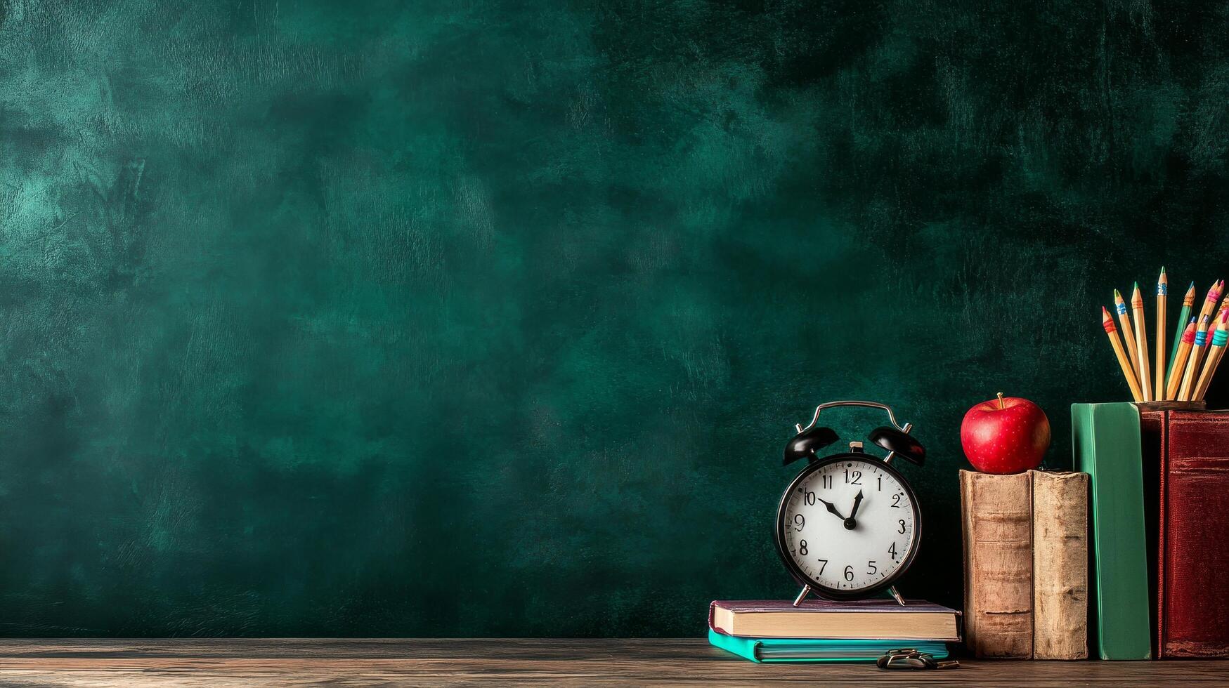 Clock, Books, Apple, and Colored Pencils Arranged on Desk With Dark Green Background During Study Time photo