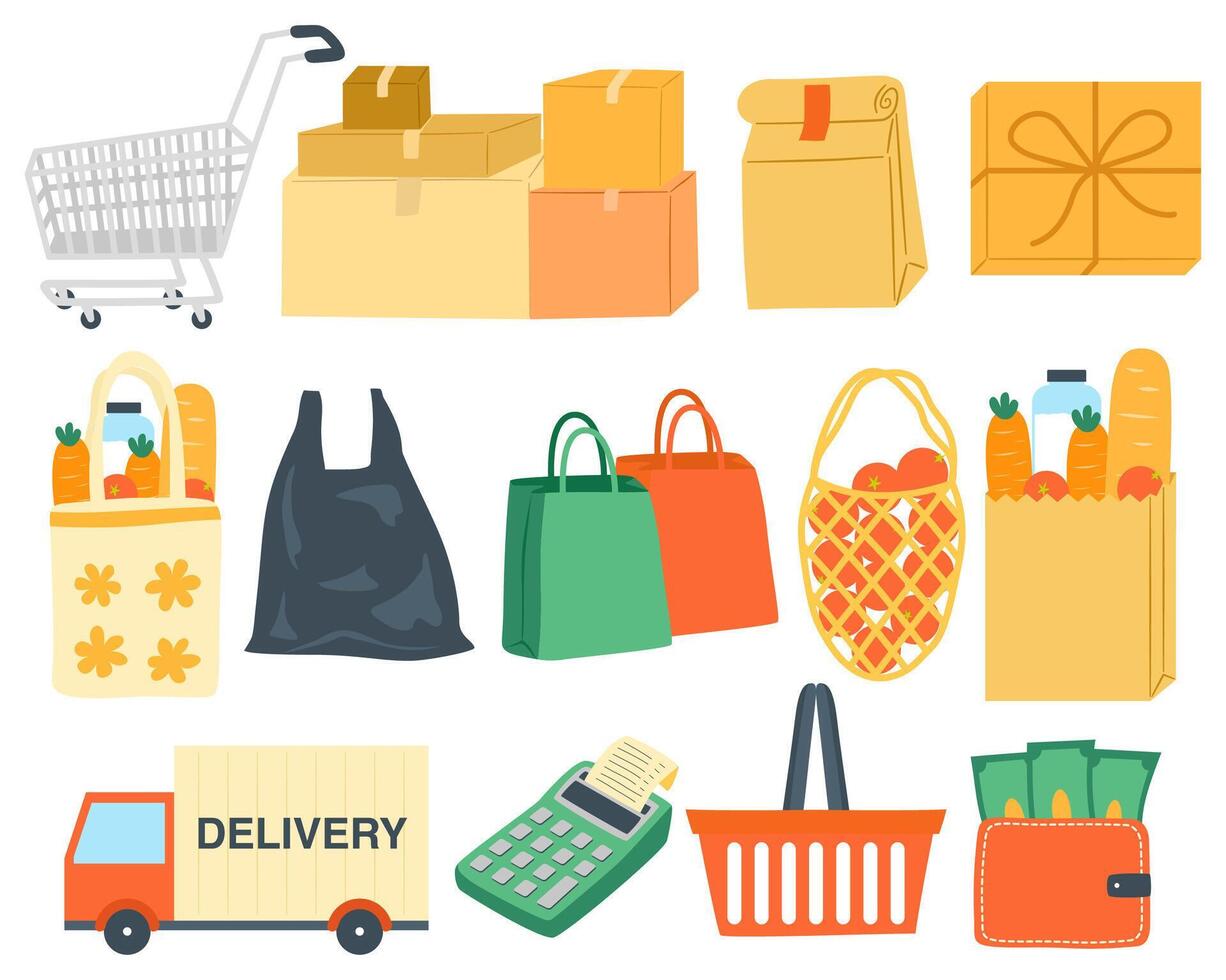 Shopping cart and delivery items collection vector