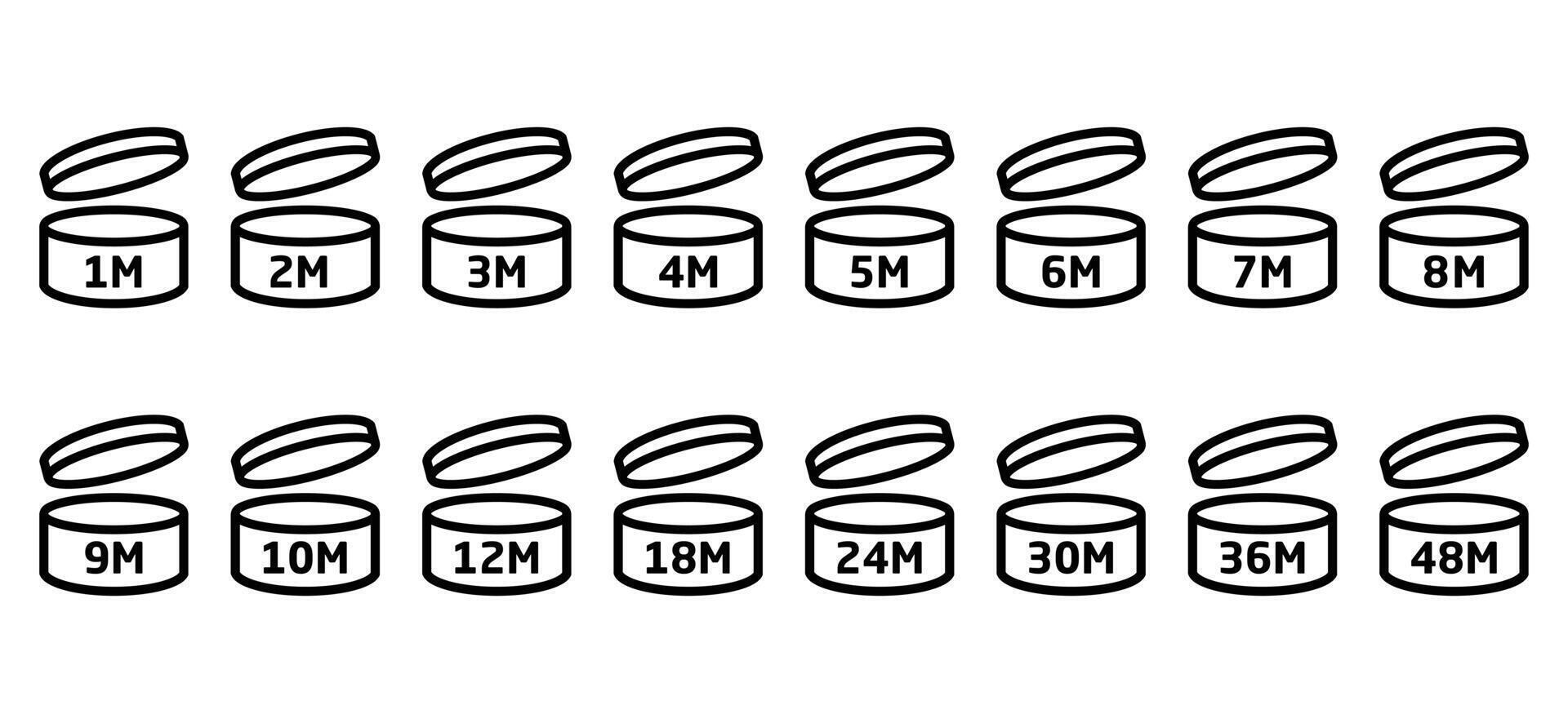 Period after open icons set. Period After Opening PAO label symbol, icon logo. Period expiration date after opened product icon. Cosmetic open period month 1M to 48M. Expiration period in months sign. vector