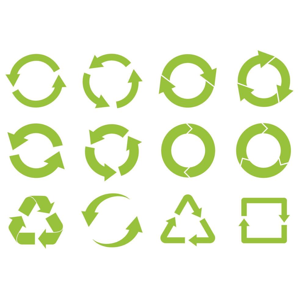 Recycling and rotation arrow symbols. Recycle sign. Recycle arrow collection. Recycling icon set. Green icons for packaging, recycling. Ecology environmentally friendly, environmental management sign. vector
