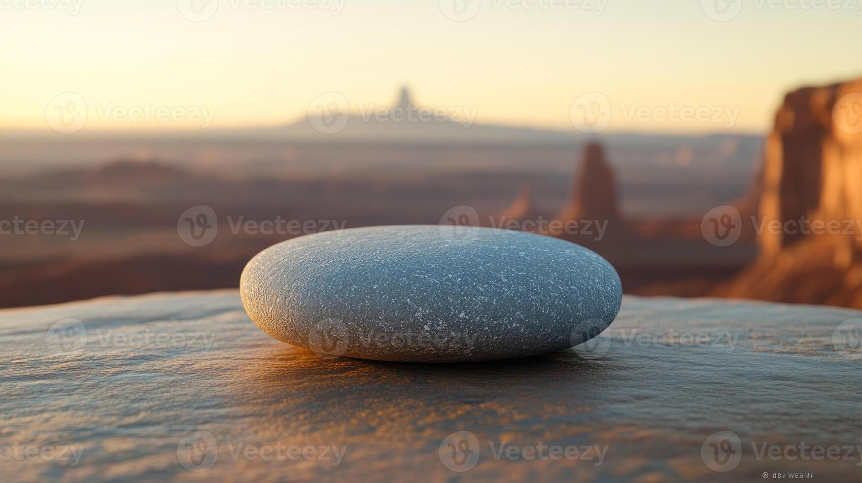 Smooth gray stone atop a rock formation, sunrise backdrop photo