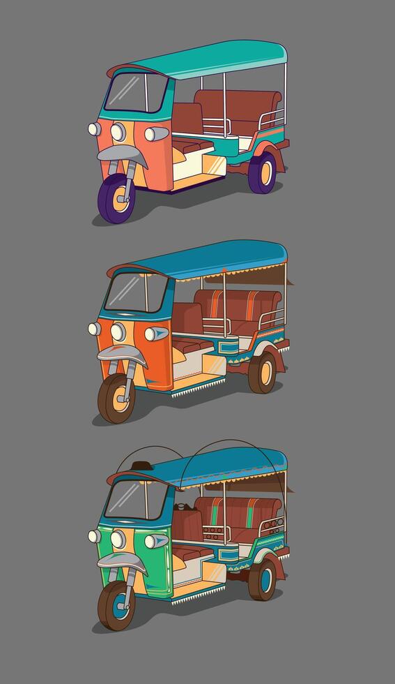 three colorful tuk tuks illustration vector