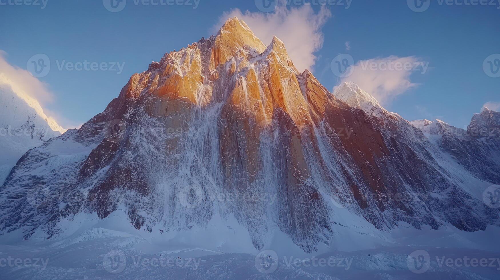 Majestic mountain peak bathed in golden sunrise light, snow-capped photo