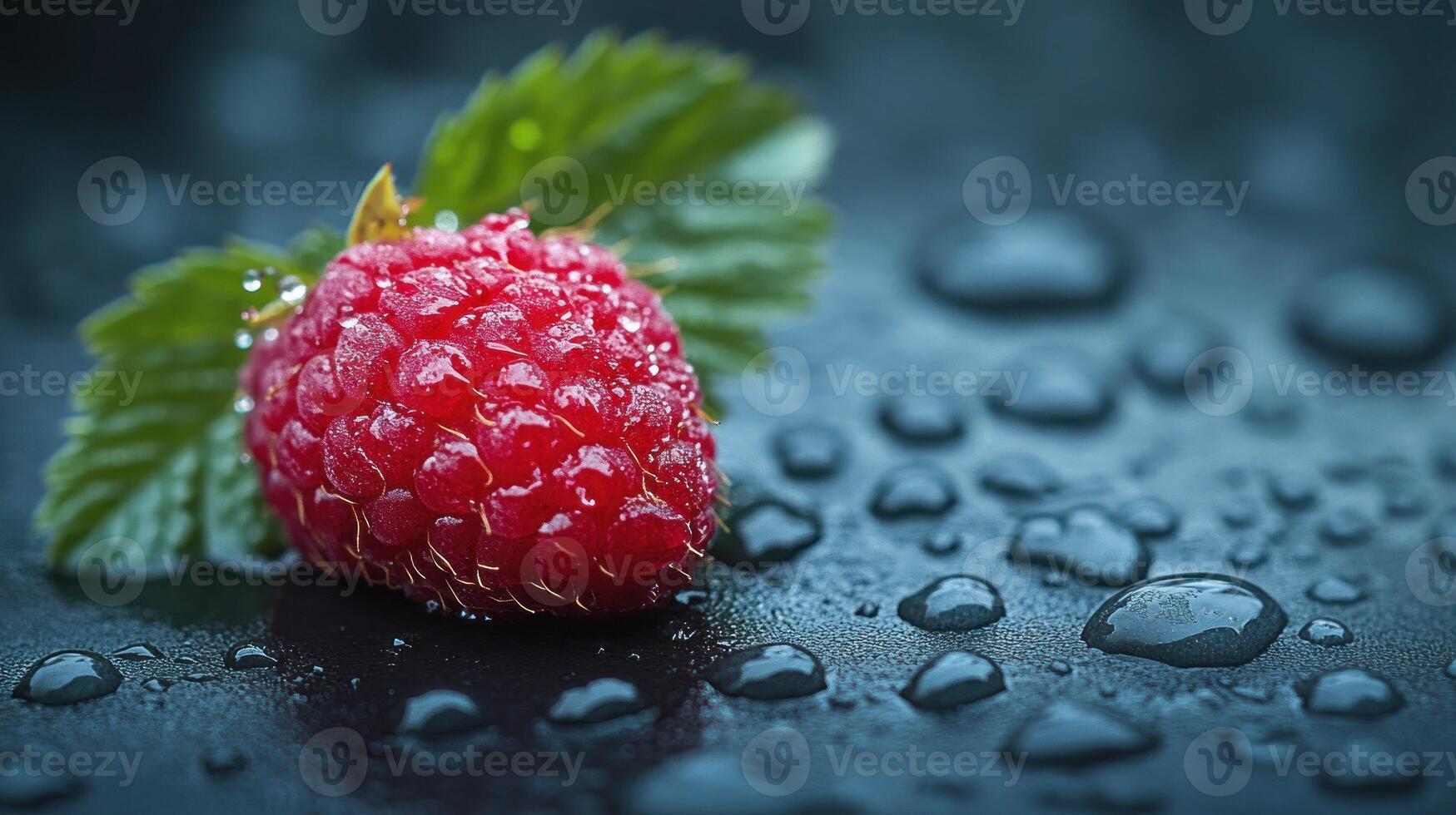Close-up of a single raspberry with leaves, wet surface photo