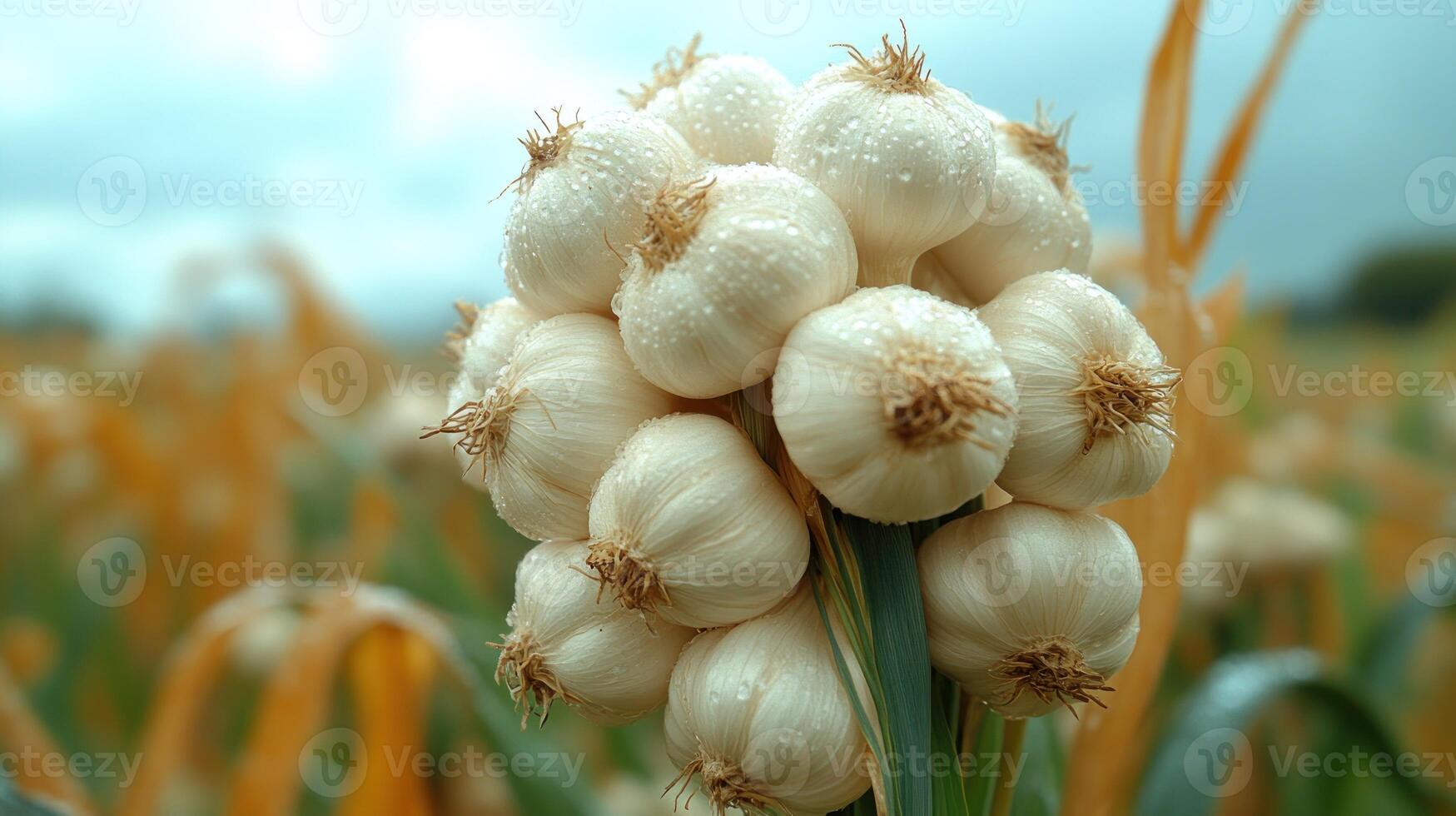Cluster of fresh garlic heads, wet with dew, in a field photo