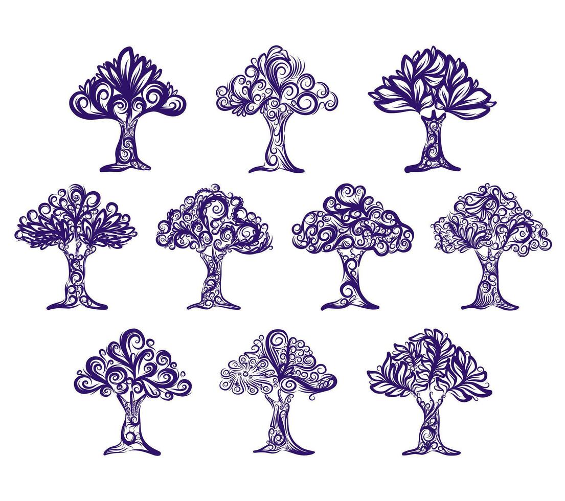 Elegant illustration set of abstract trees with intricate filigree patterns. Includes swirling branches and leaves Perfect for decorative design, nature inspired art, and spiritual or seasonal themes. vector