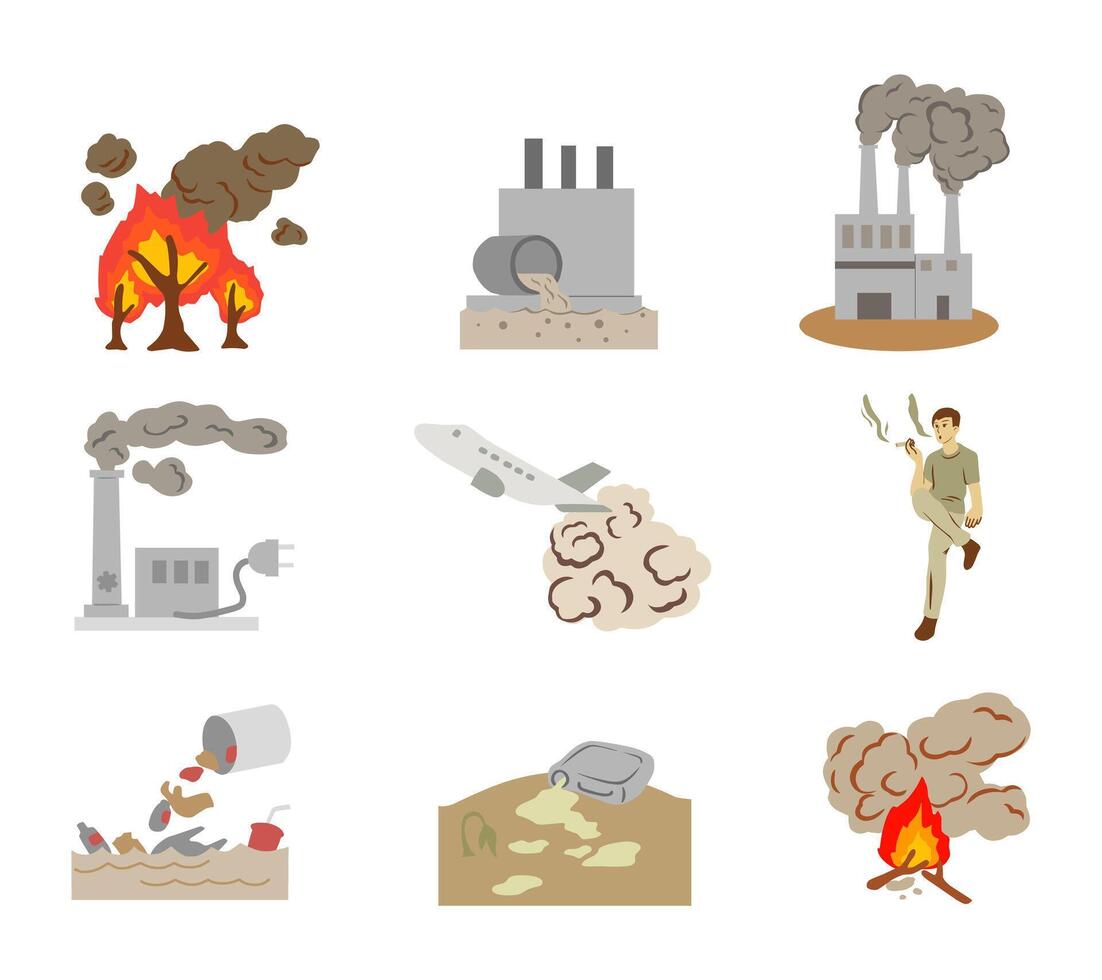 A set of illustrations depicting various types of global industrial pollution, including air, water, and land pollution. Ideal for environmental campaigns, educational content, and eco awareness vector