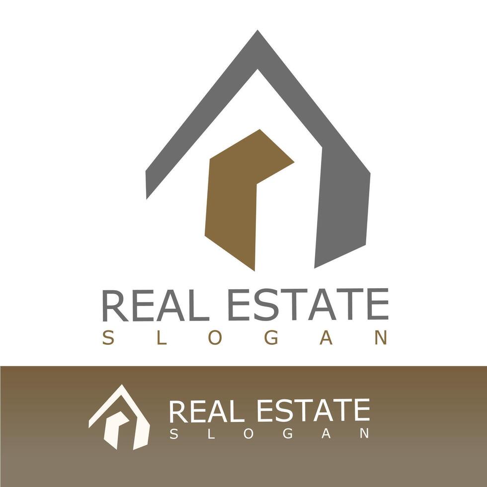 sleek and modern real estate logo featuring a stylized house roof and abstract building shape in gray and brown, symbolizing property, construction, and home investment vector