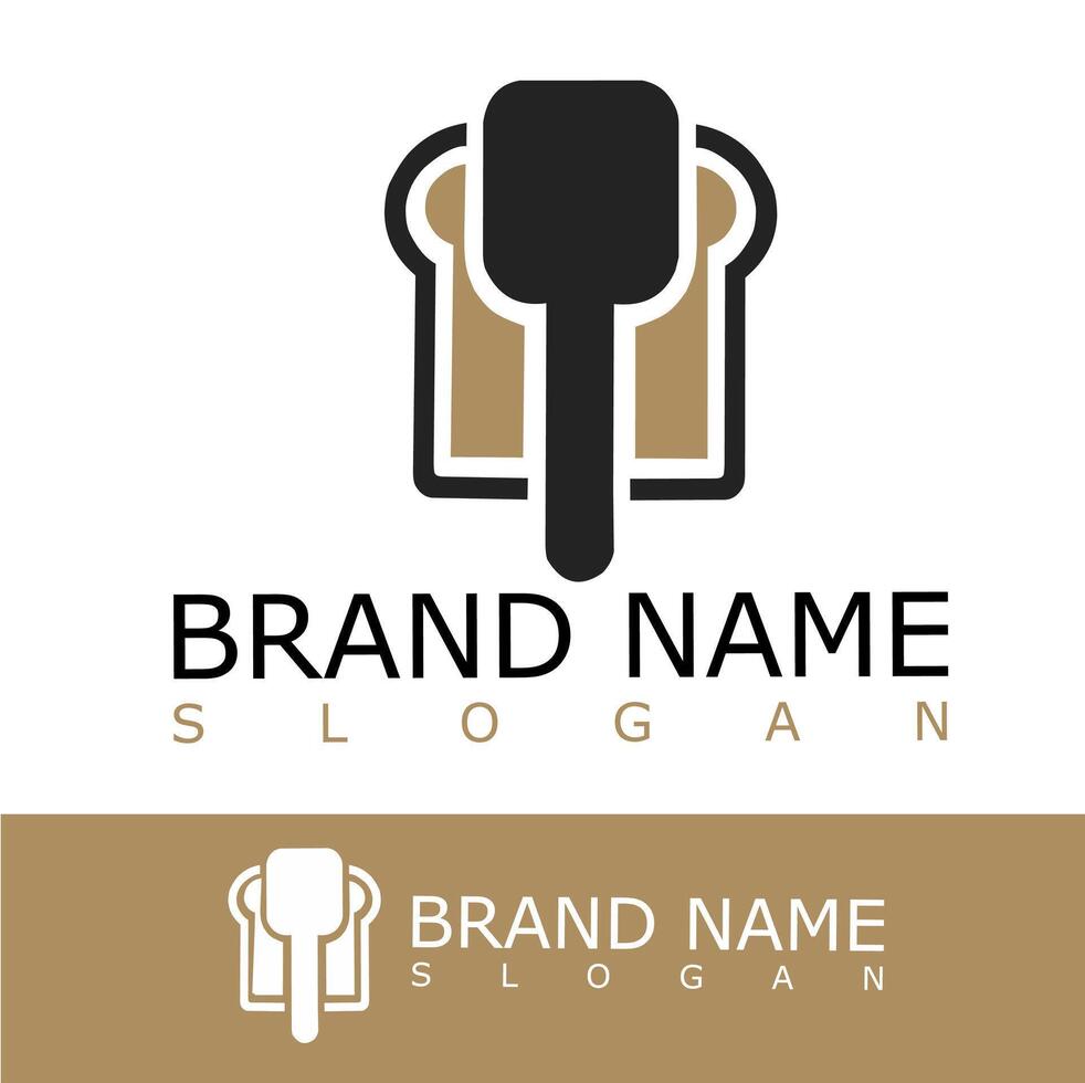 Modern bakery logo featuring a slice of bread and a spatula icon in brown and black. Perfect for bakeries, cafes, pastry shops, or food-related businesses vector