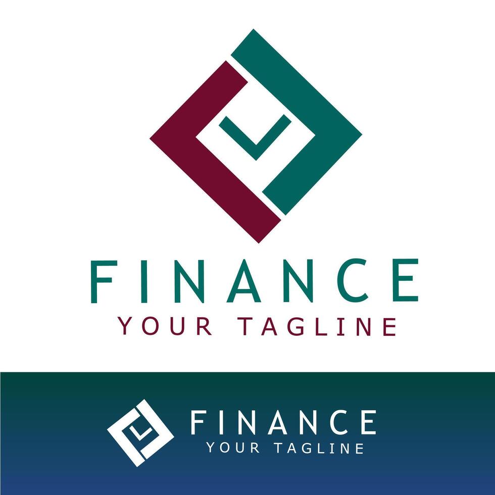 Modern finance logo with interlocking geometric shapes forming a diamond and checkmark symbol. Uses green and maroon colors, ideal for financial services, investment, or fintech branding vector