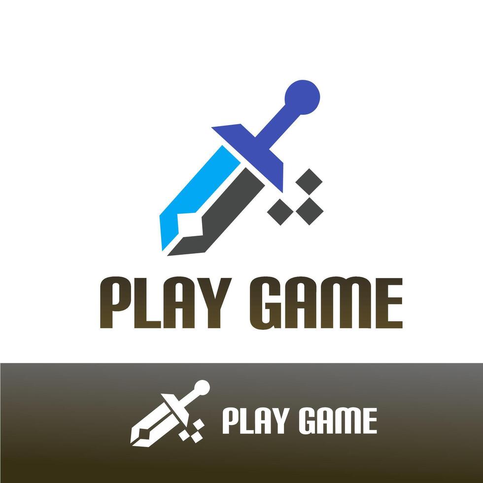 A bold gaming logo featuring a pixelated sword in blue and black with, representing action, adventure, and digital gaming in a modern and dynamic style vector