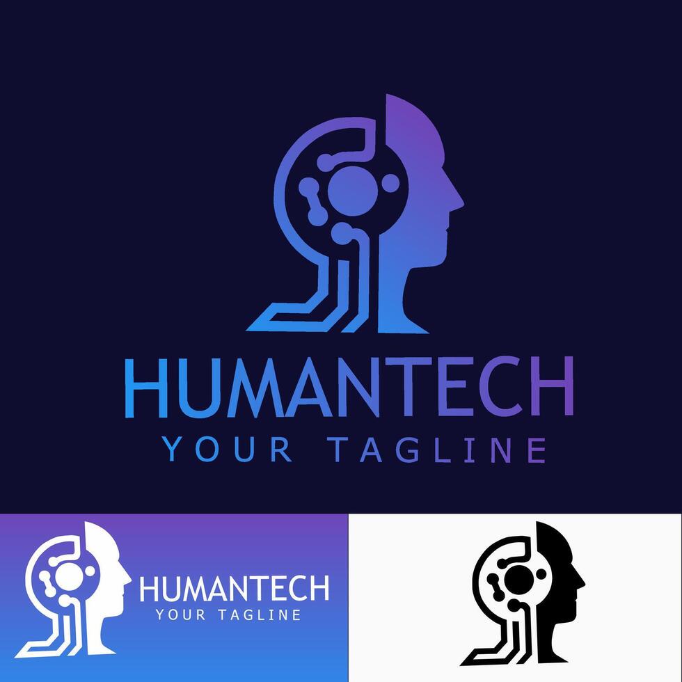 Modern tech logo combining human profile with circuit elements in a gradient blue purple tone Perfect for AI vector