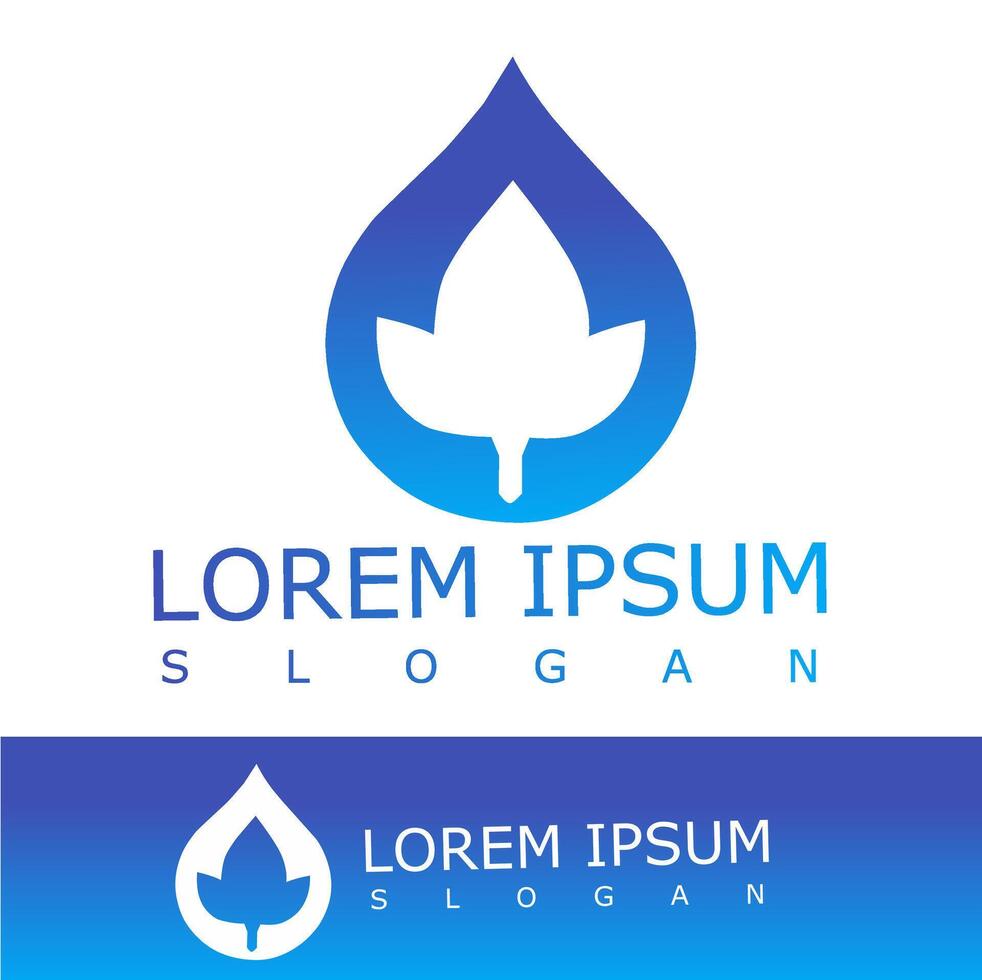 A sleek blue logo featuring a droplet-shaped outline with a leaf silhouette inside, symbolizing purity, nature, and sustainability vector