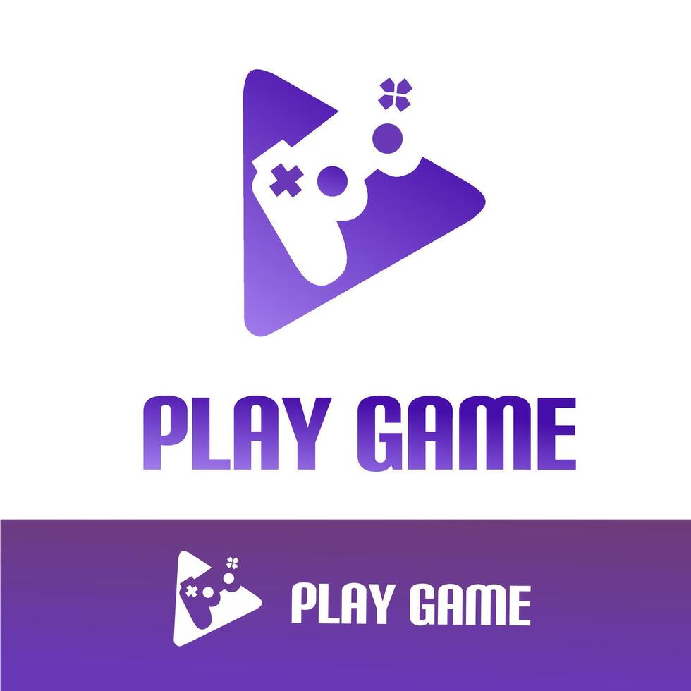 A bold and modern gaming logo with a purple gradient play button and game controller icon, representing games, entertainment, and digital play vector