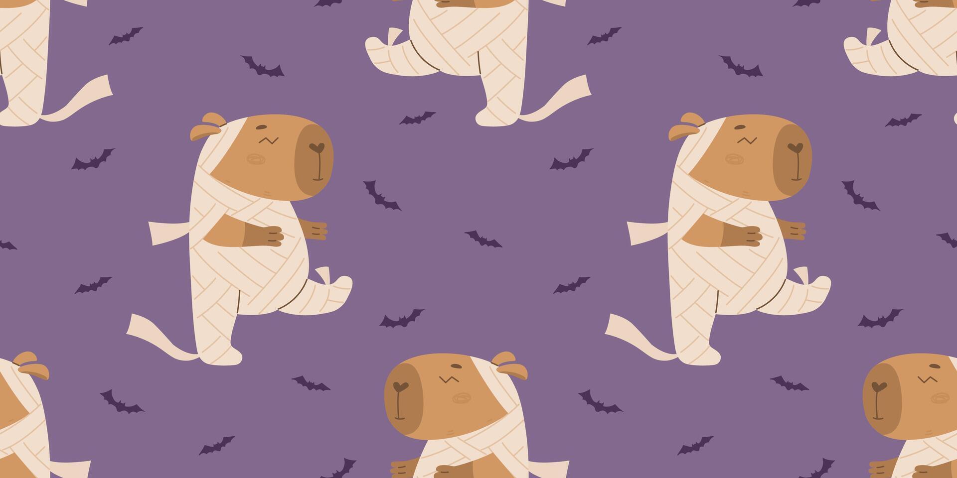 Funny capybara in mummy costume and bats pattern vector