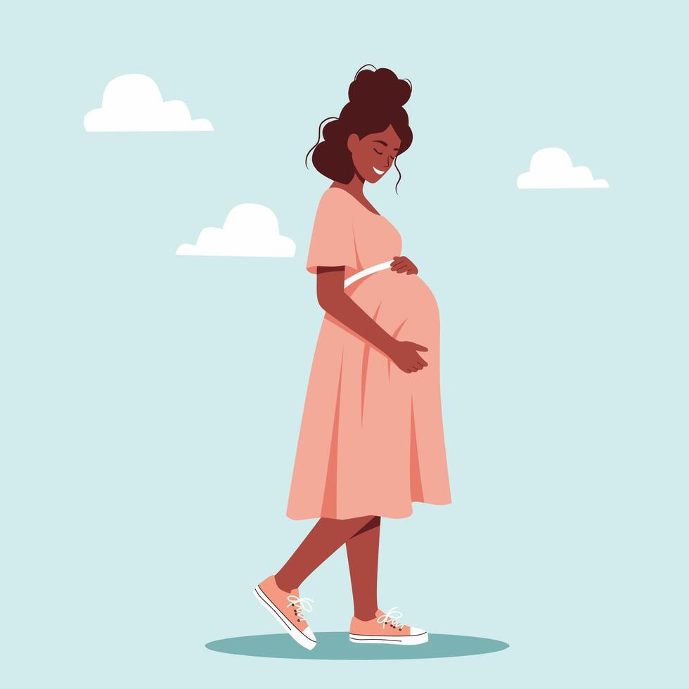 illustration of a pregnant woman walking in a coral dress under a soft blue sky. Stylish and active maternity concept with natural and peaceful background vector