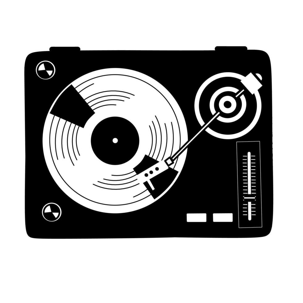 Black and white illustration of a classic turntable with vinyl record. Perfect for retro music, DJ, and vintage audio-themed designs vector