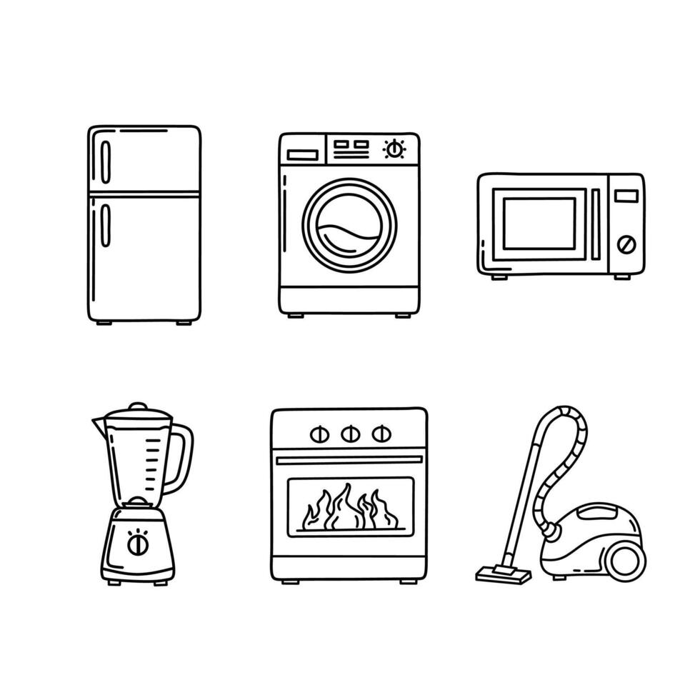 Set of six black and white household appliance icons in line art style, including refrigerator, washing machine, microwave, blender, oven, and vacuum cleaner vector