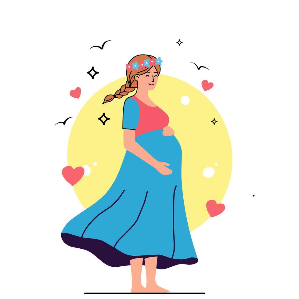 illustration of a happy pregnant woman in a blue dress with hearts and sun background. A joyful maternity concept with floral headband and positive vector