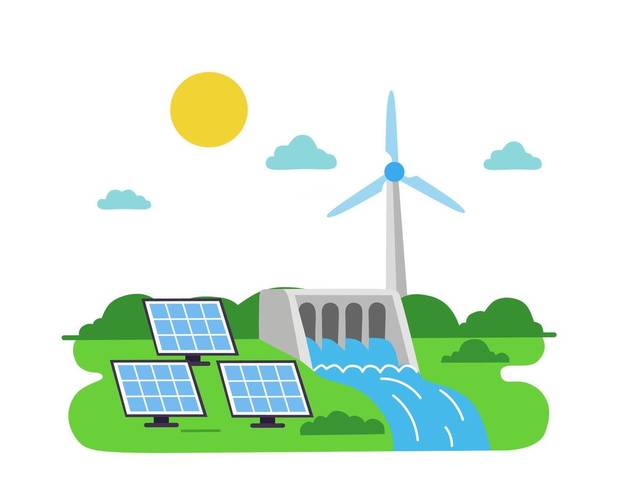 illustration of solar panels, wind turbine, and hydroelectric dam working together in a green landscape, representing clean and sustainable energy source vector