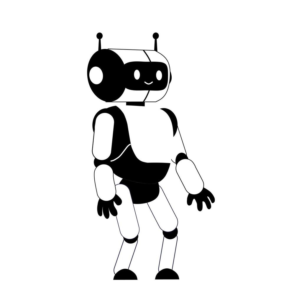 black and white cartoon robot with antennae and friendly face, standing upright on white background. Humanoid futuristic character for tech and AI illustrations vector
