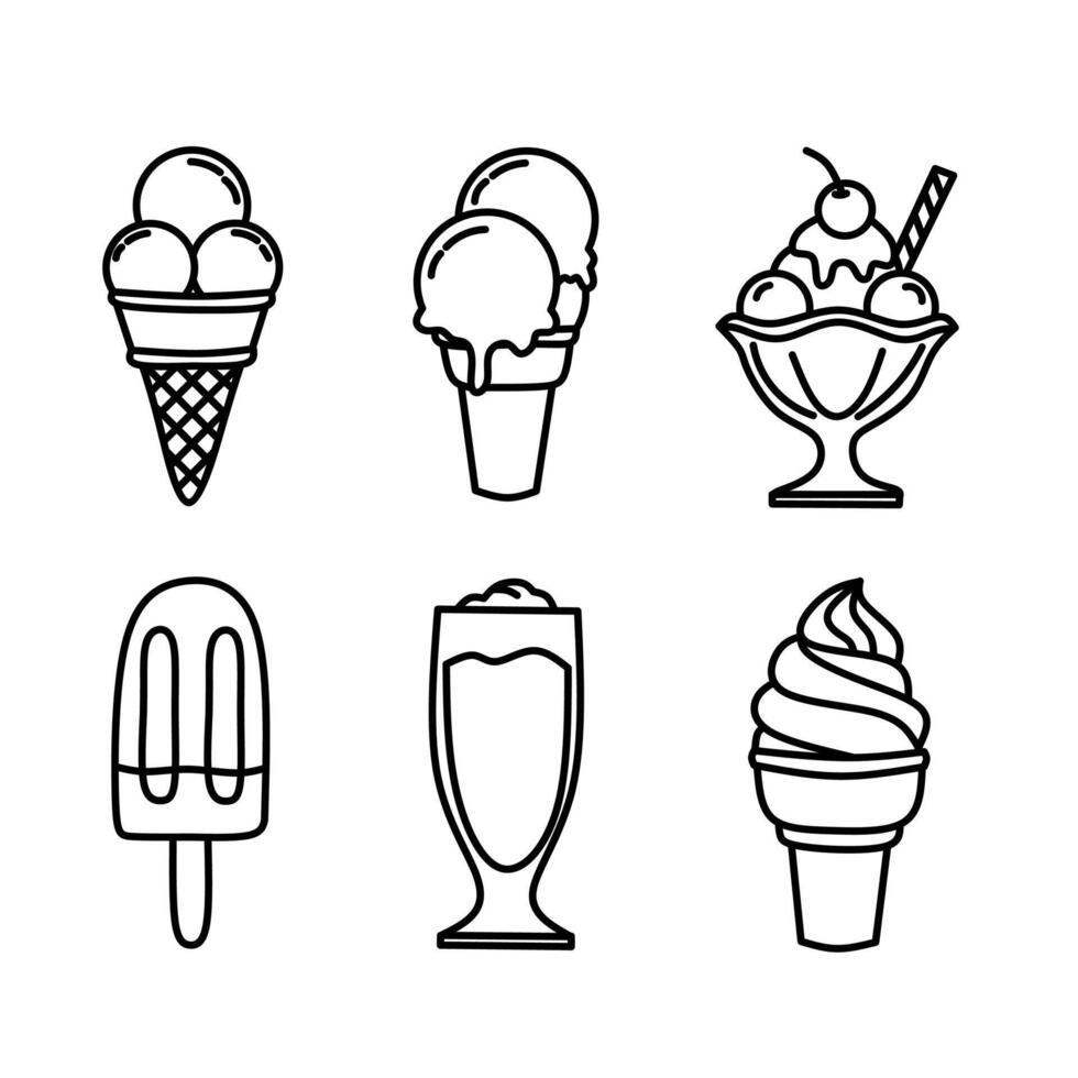 Set of six black and white line art ice cream icons, including cone, popsicle, sundae, milkshake, and soft serve, perfect for dessert or summer-themed designs vector