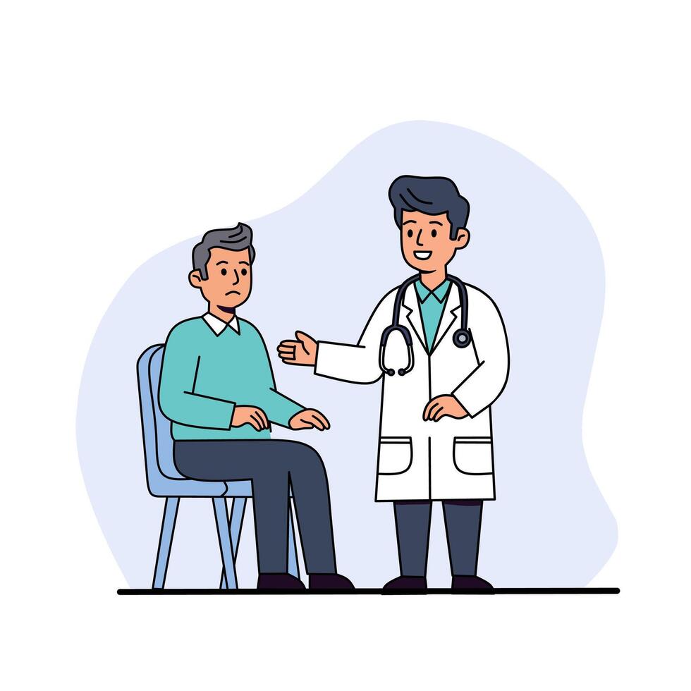 Friendly male doctor talking to an elderly male patient sitting on a chair. Medical consultation concept with cheerful physician giving advice in a hospital setting vector