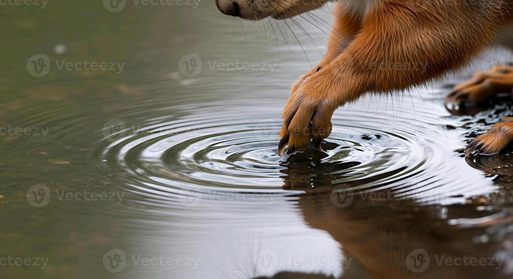 a squirrel is standing in the water and touching its paw to the water photo