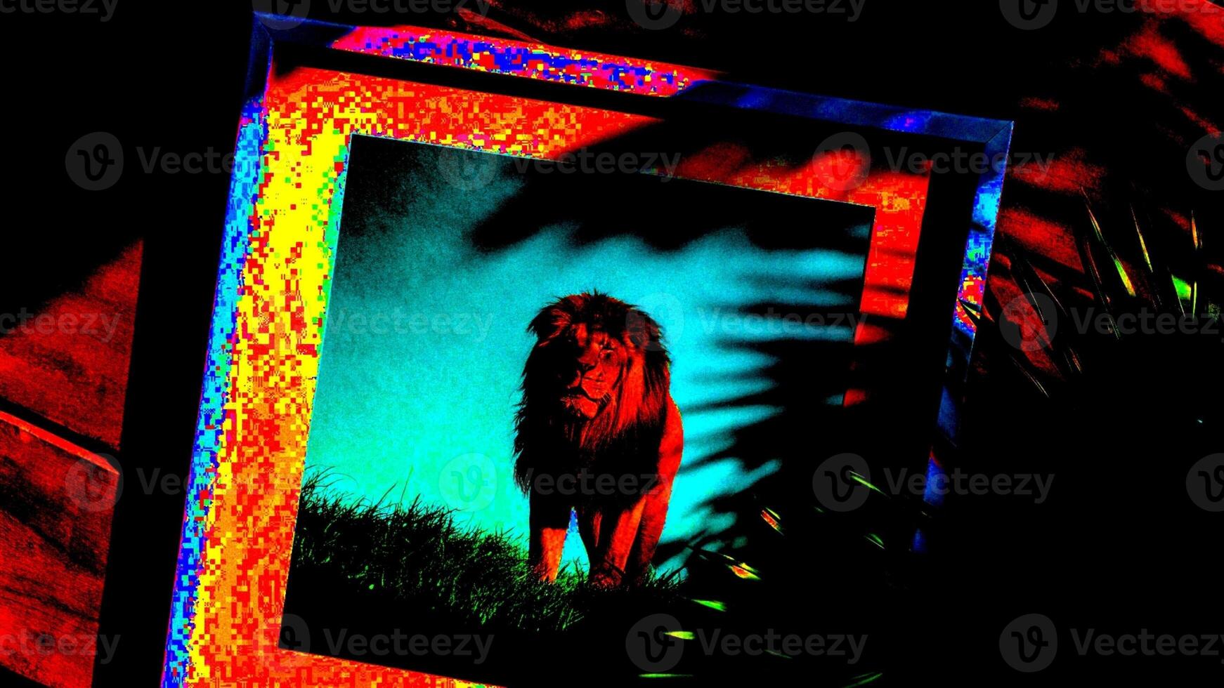 a lion is shown in a frame with a bright light photo