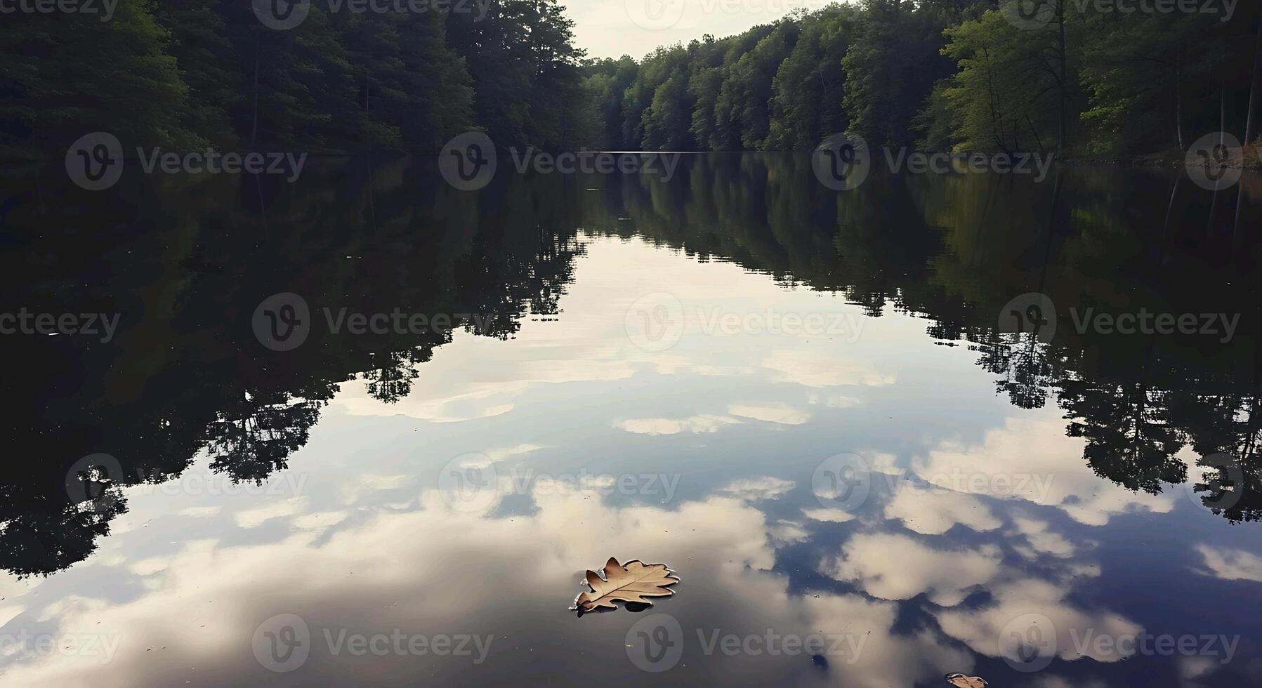 a leaf floating on the water in a forest photo