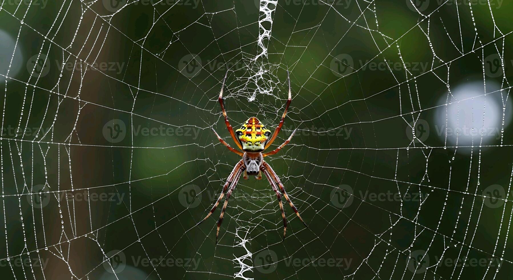 a spider sits in its web on a green background photo