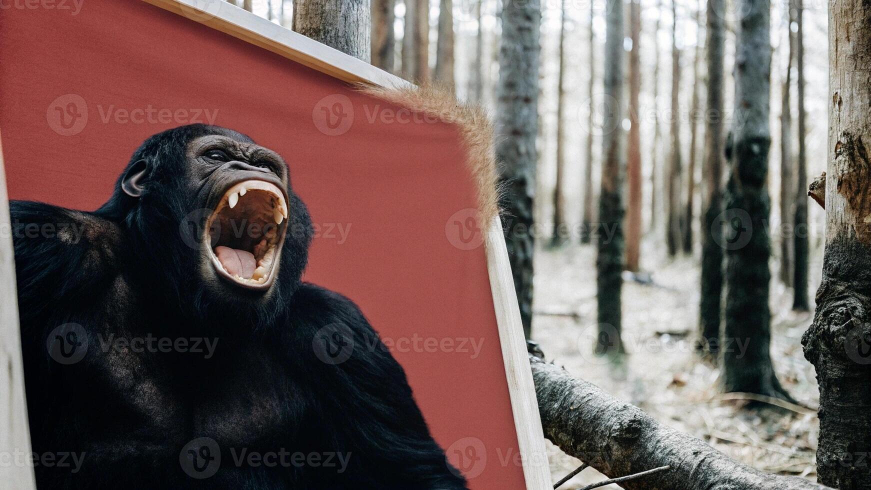 a gorilla is shown in a frame in the woods photo
