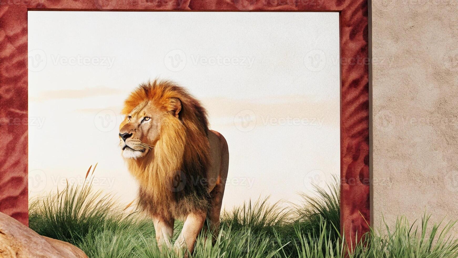 a lion is standing in front of a painting photo