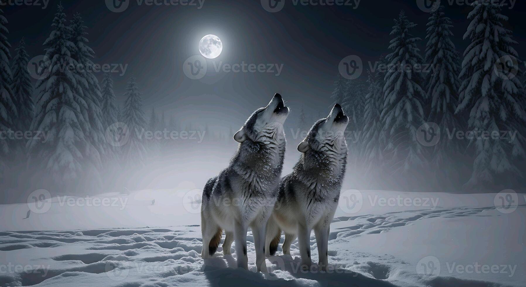 two of wolves howling at the moon in the snow photo