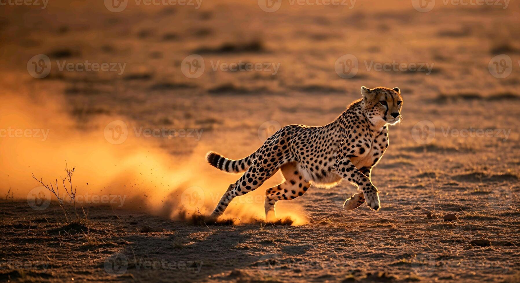 an cheetah running across the desert at sunset photo