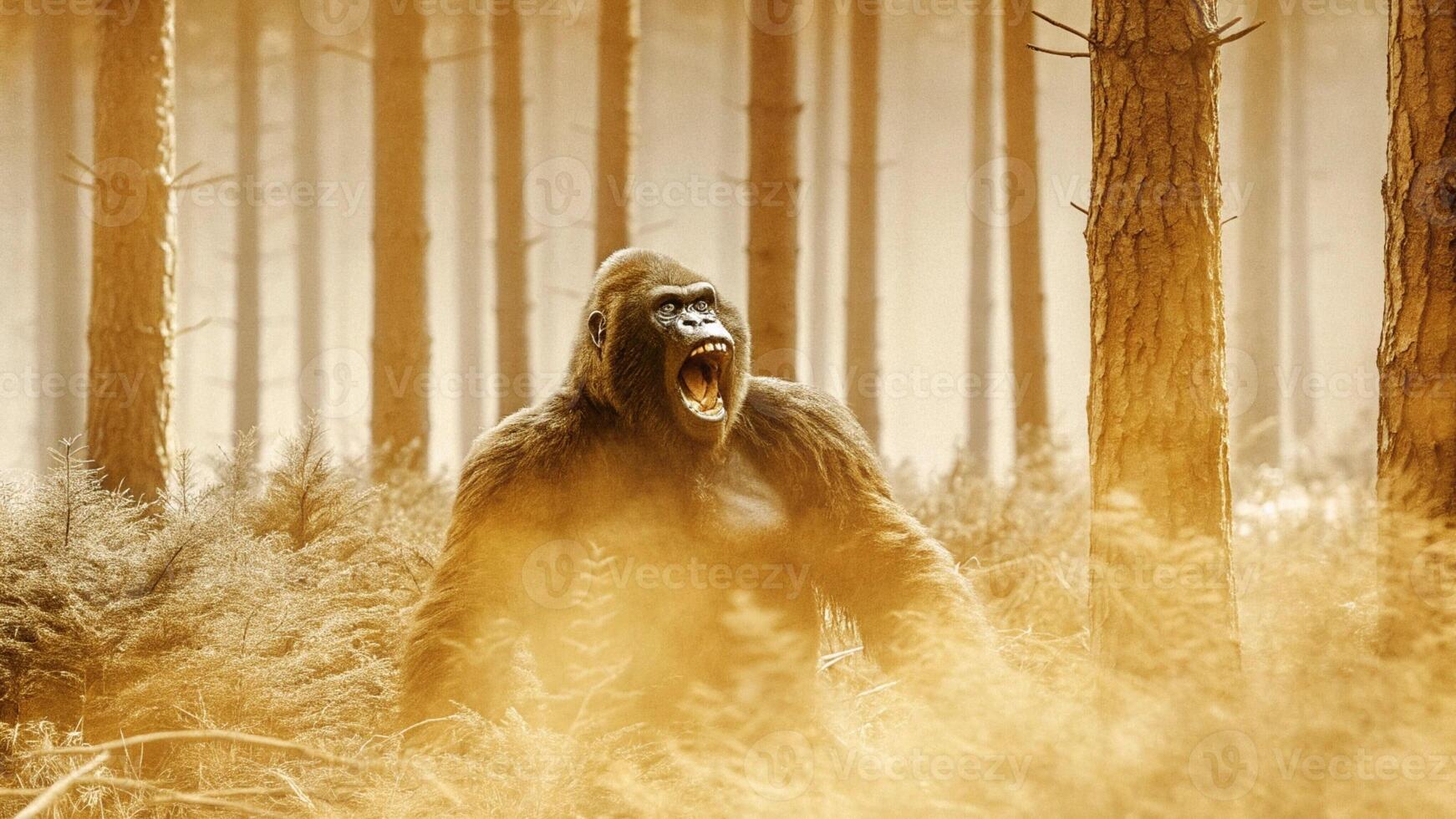 gorilla is standing in the woods with its mouth open photo